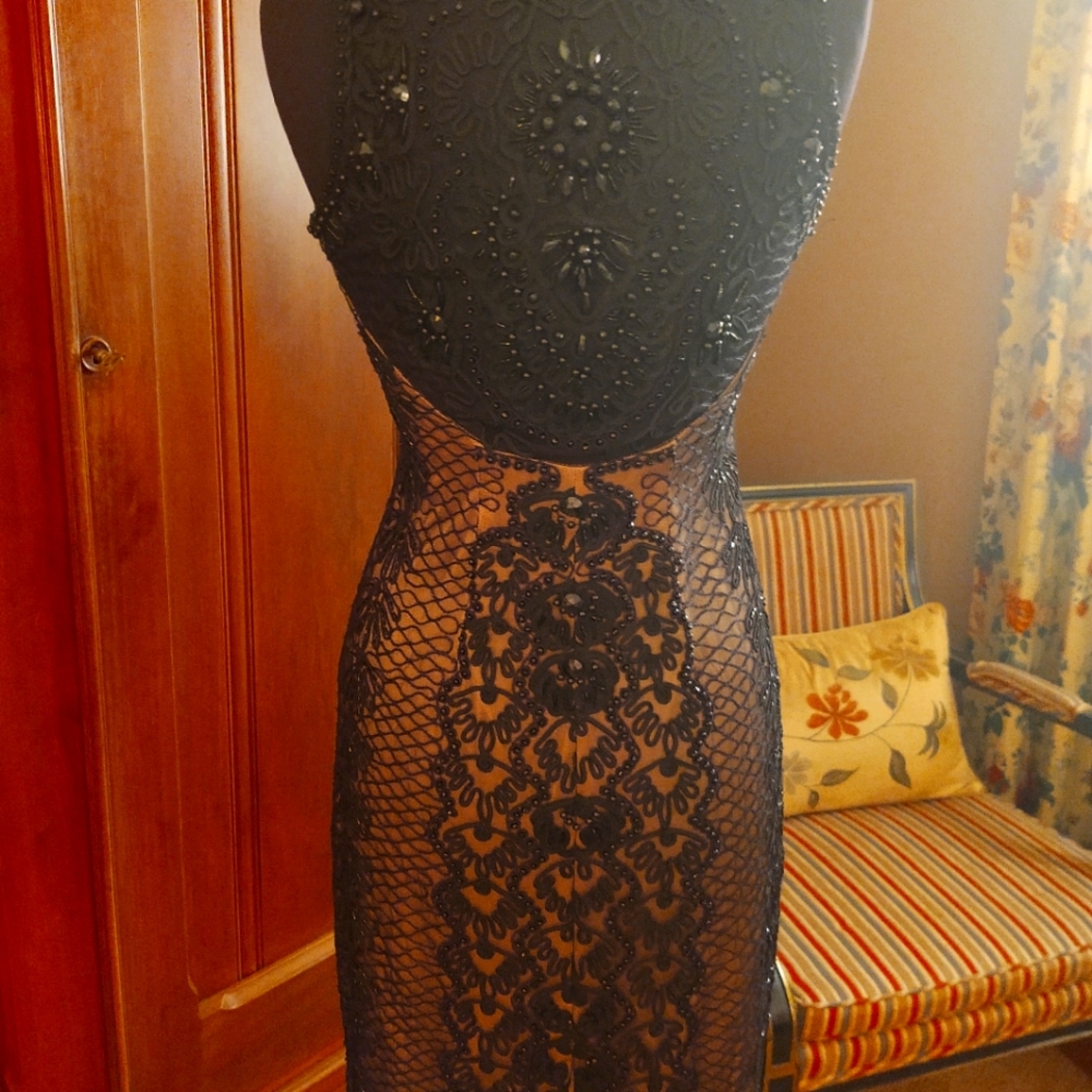 Sue Wong Black Beaded Dress, Size 4